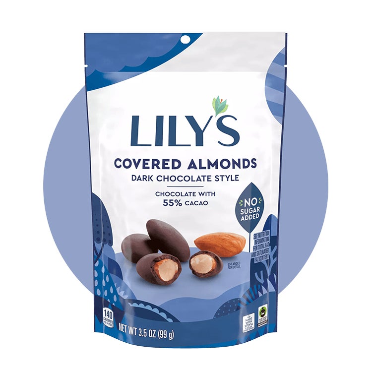 pouch of lilys dark chocolate style covered almonds