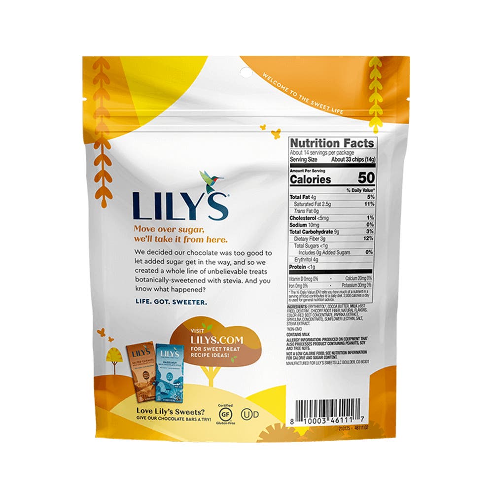 LILY'S Butterscotch Flavor White Chocolate Style Baking Chips, 7 oz bag - Back of Package
