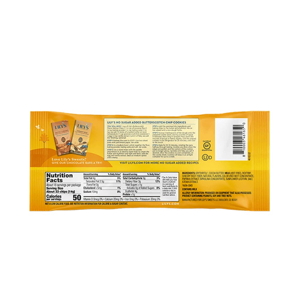 LILY'S Butterscotch Flavor White Chocolate Style Baking Chips, 9 oz bag - Back of Package