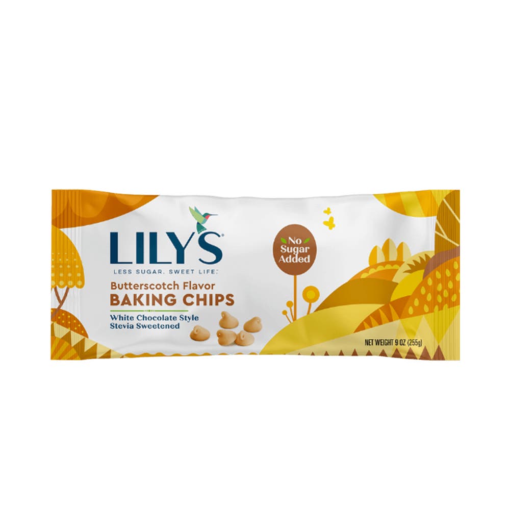 LILY'S Butterscotch Flavor White Chocolate Style Baking Chips, 9 oz bag - Front of Package