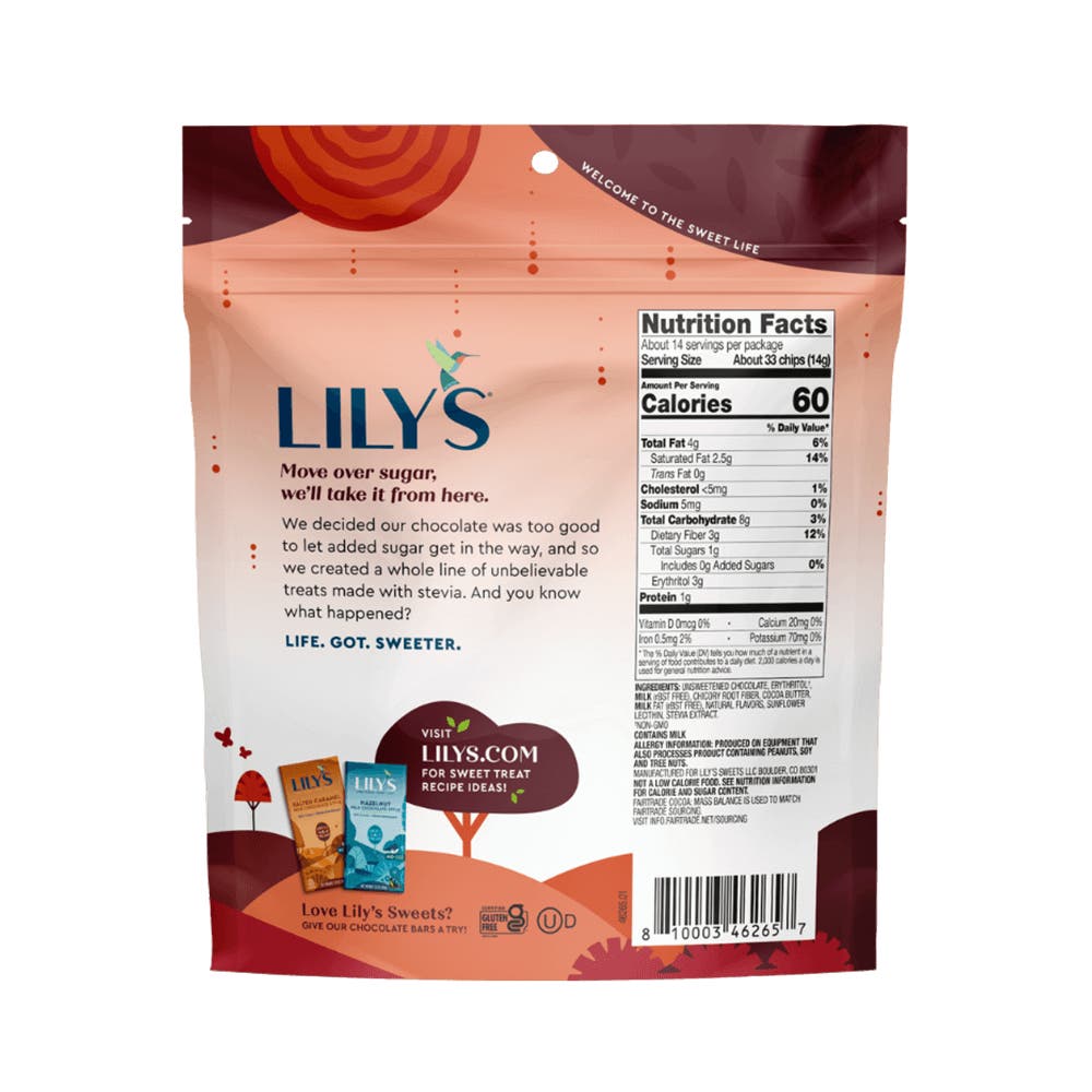 LILY'S Chocolate Cinnamon Flavor Baking Chips, 7 oz bag - Back of Package