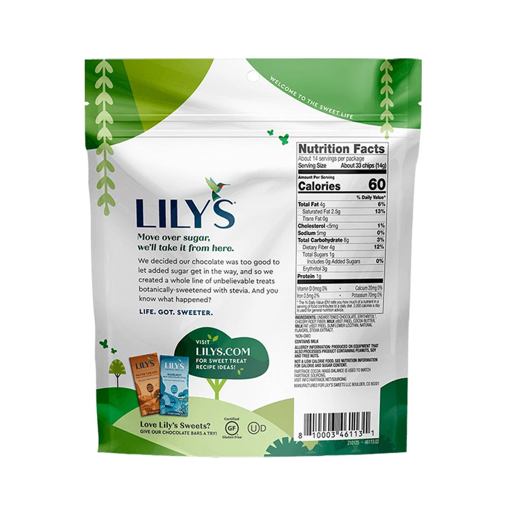 LILY'S Chocolate Mint Flavor Baking Chips, 7 oz bag - Back of Package