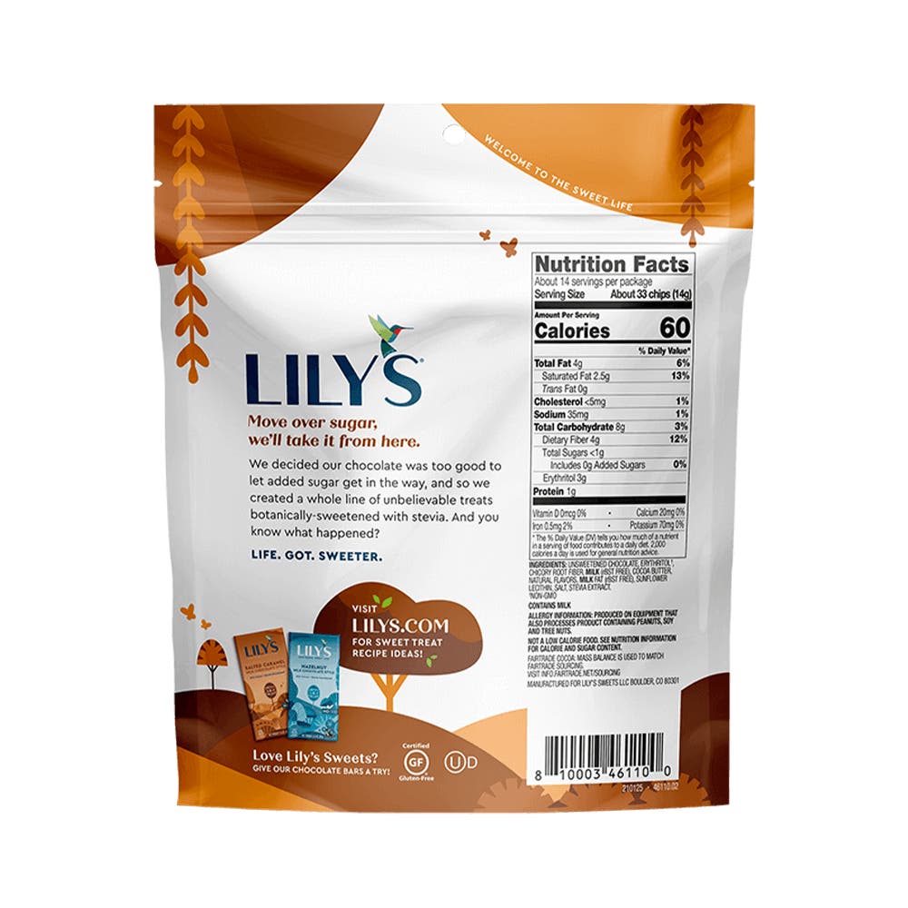 LILY'S Chocolate Salted Caramel Flavor Baking Chips, 7 oz bag - Back of Package