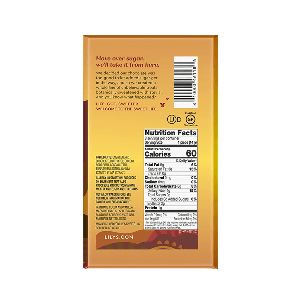 LILY'S Dark Chocolate Style Baking Bar, 4 oz - Back of Package