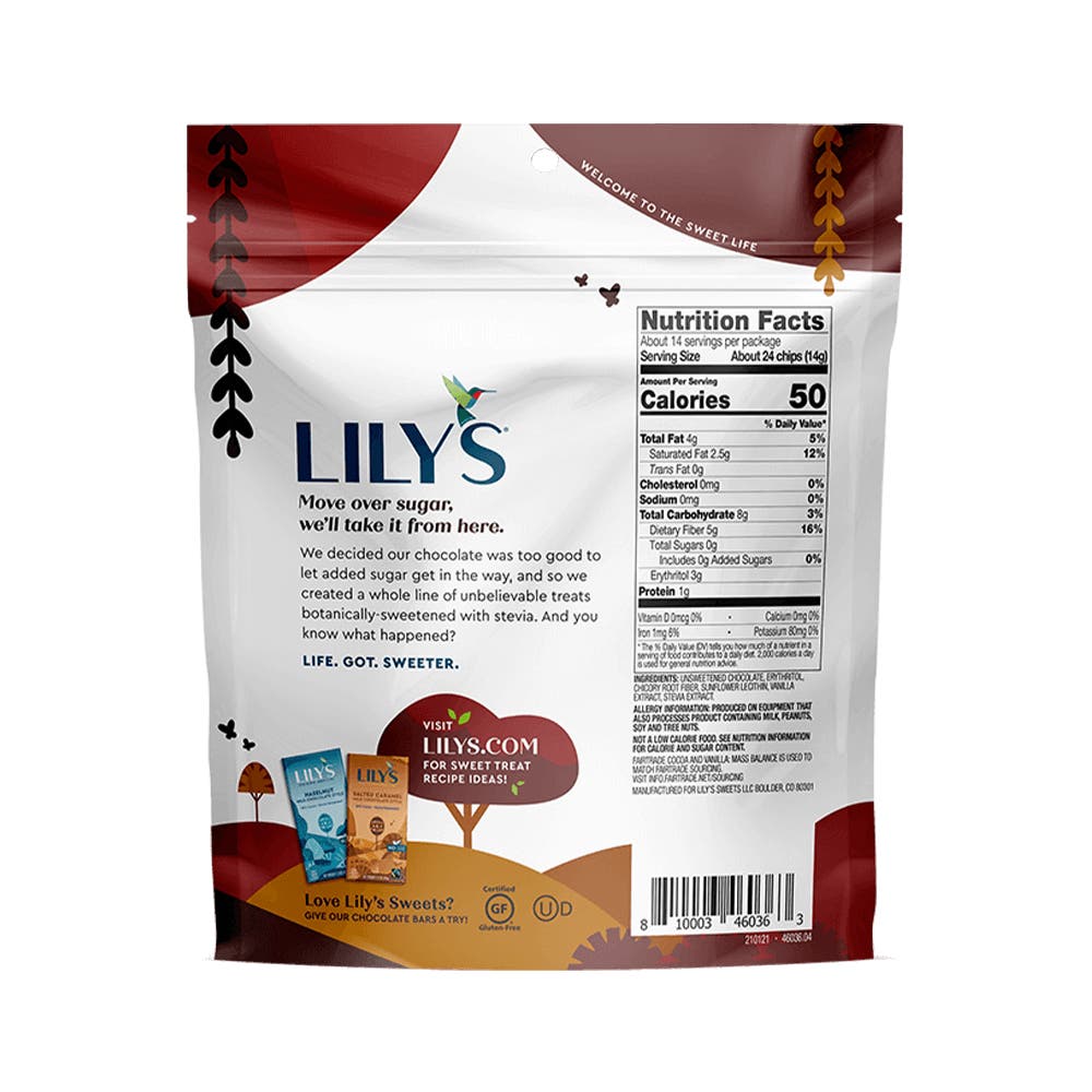 LILY'S Dark Chocolate Style Baking Chips, 7 oz bag - Back of Package