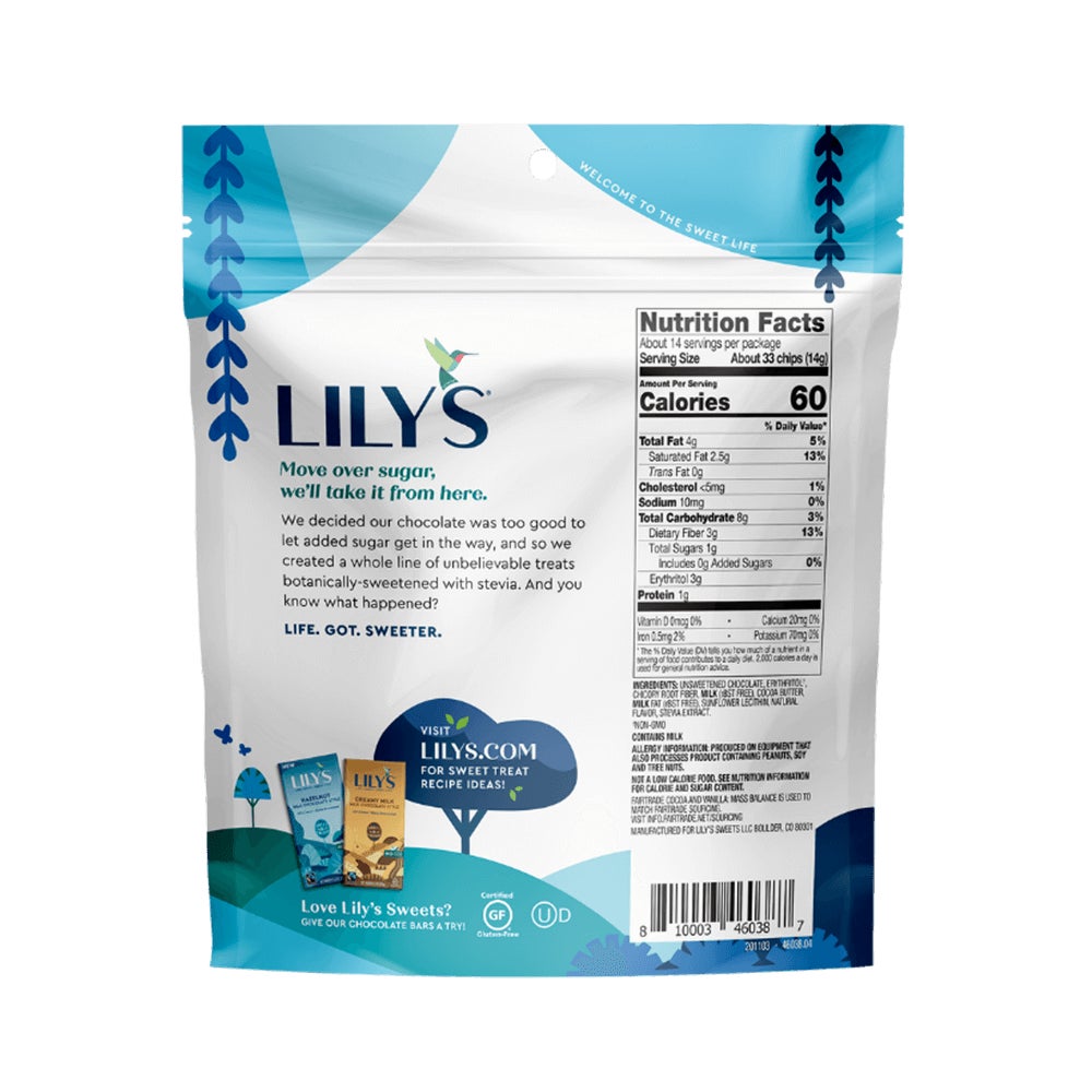 LILY'S Milk Chocolate Style Baking Chips, 7 oz bag - Back of Package