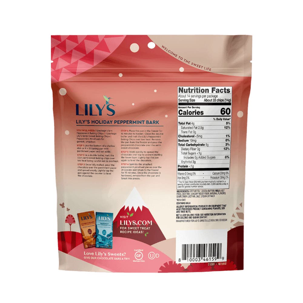 LILY'S Peppermint Flavor White Chocolate Style Baking Chips, 7 oz bag - Back of Package