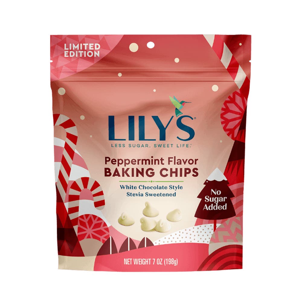 LILY'S Peppermint Flavor White Chocolate Style Baking Chips, 7 oz bag - Front of Package