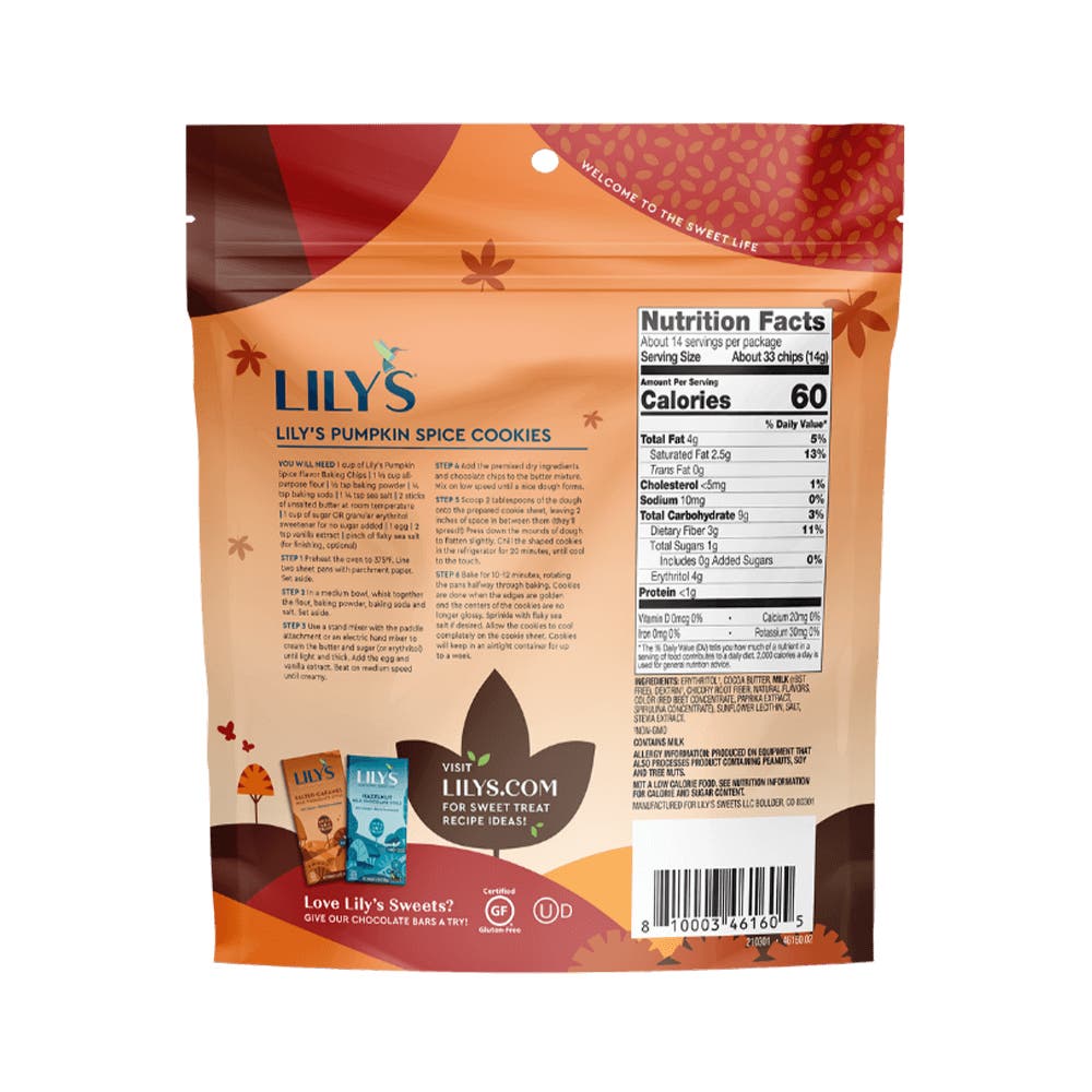 LILY'S Pumpkin Spice Flavor White Chocolate Style Baking Chips, 7 oz bag - Back of Package