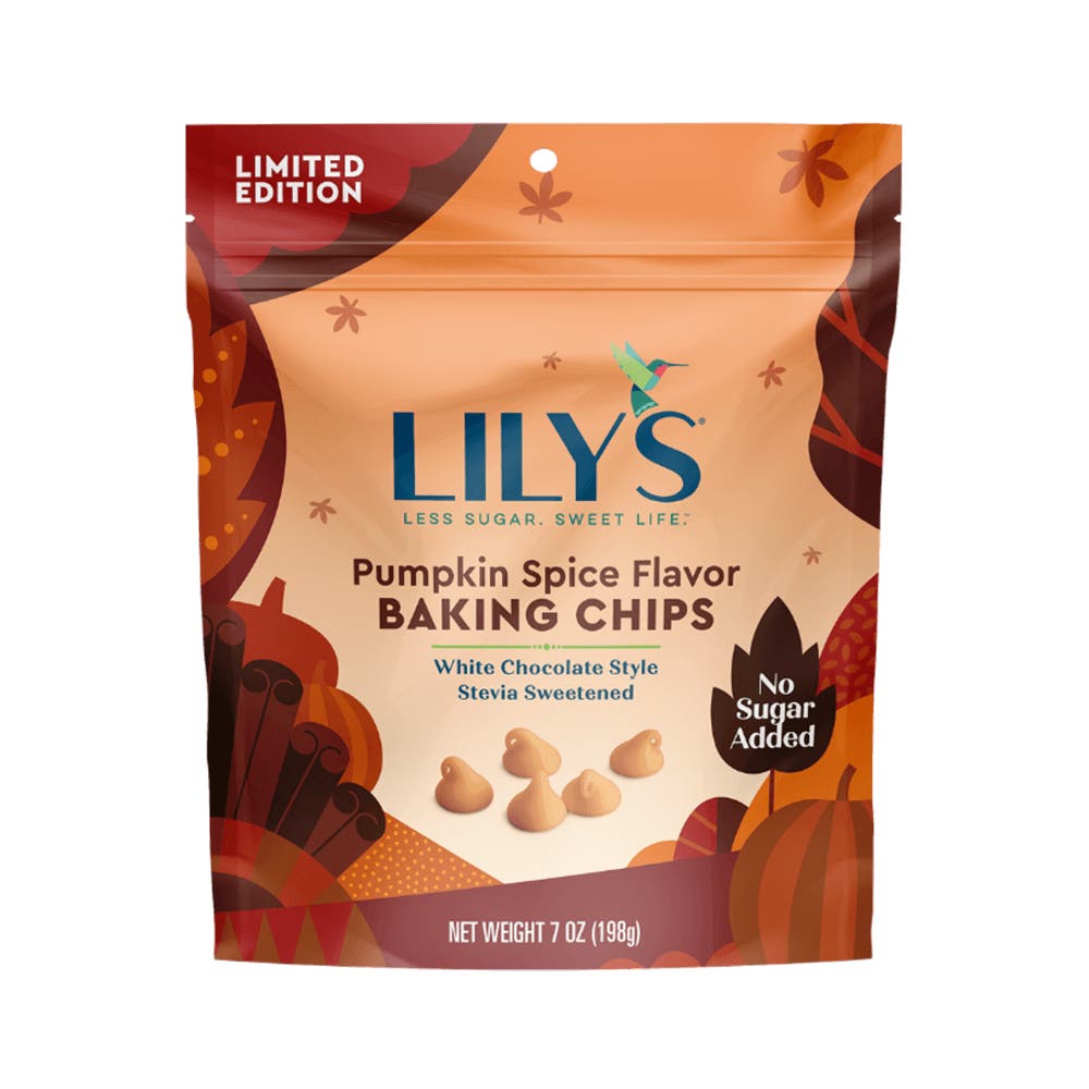 LILY'S Pumpkin Spice Flavor White Chocolate Style Baking Chips, 7 oz bag - Front of Package