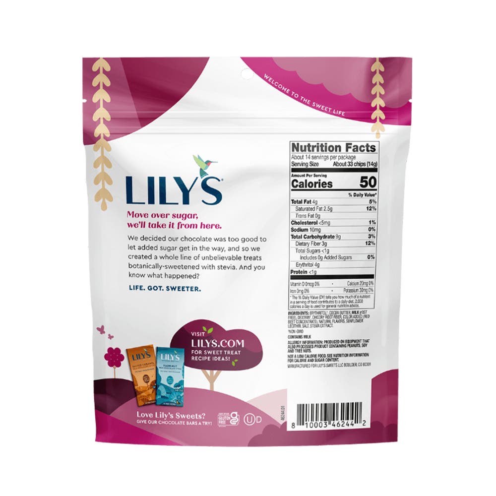 LILY'S Raspberry Flavor and White Chocolate Style Baking Chips, 7 oz bag - Back of Package