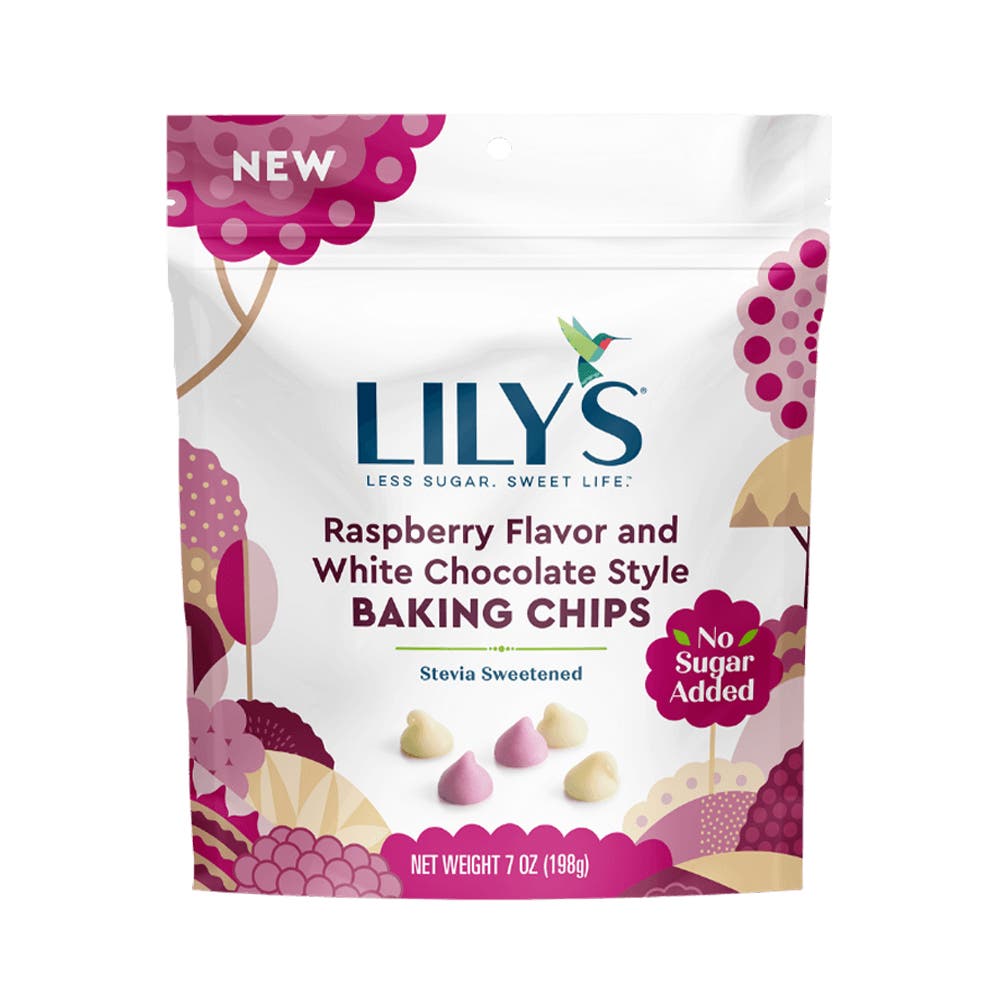 LILY'S Raspberry Flavor and White Chocolate Style Baking Chips, 7 oz bag - Front of Package
