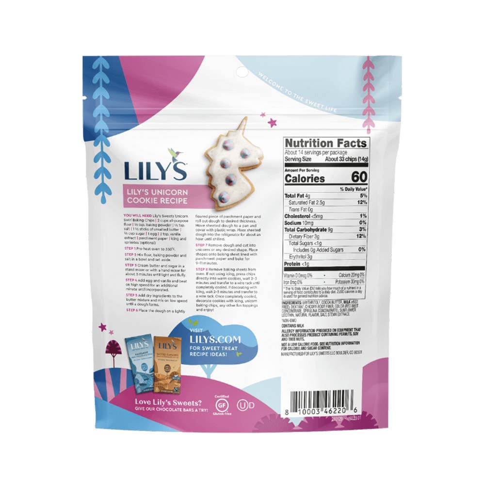 LILY'S Unicorn Swirl White Chocolate Style Baking Chips, 7 oz bag - Back of Package
