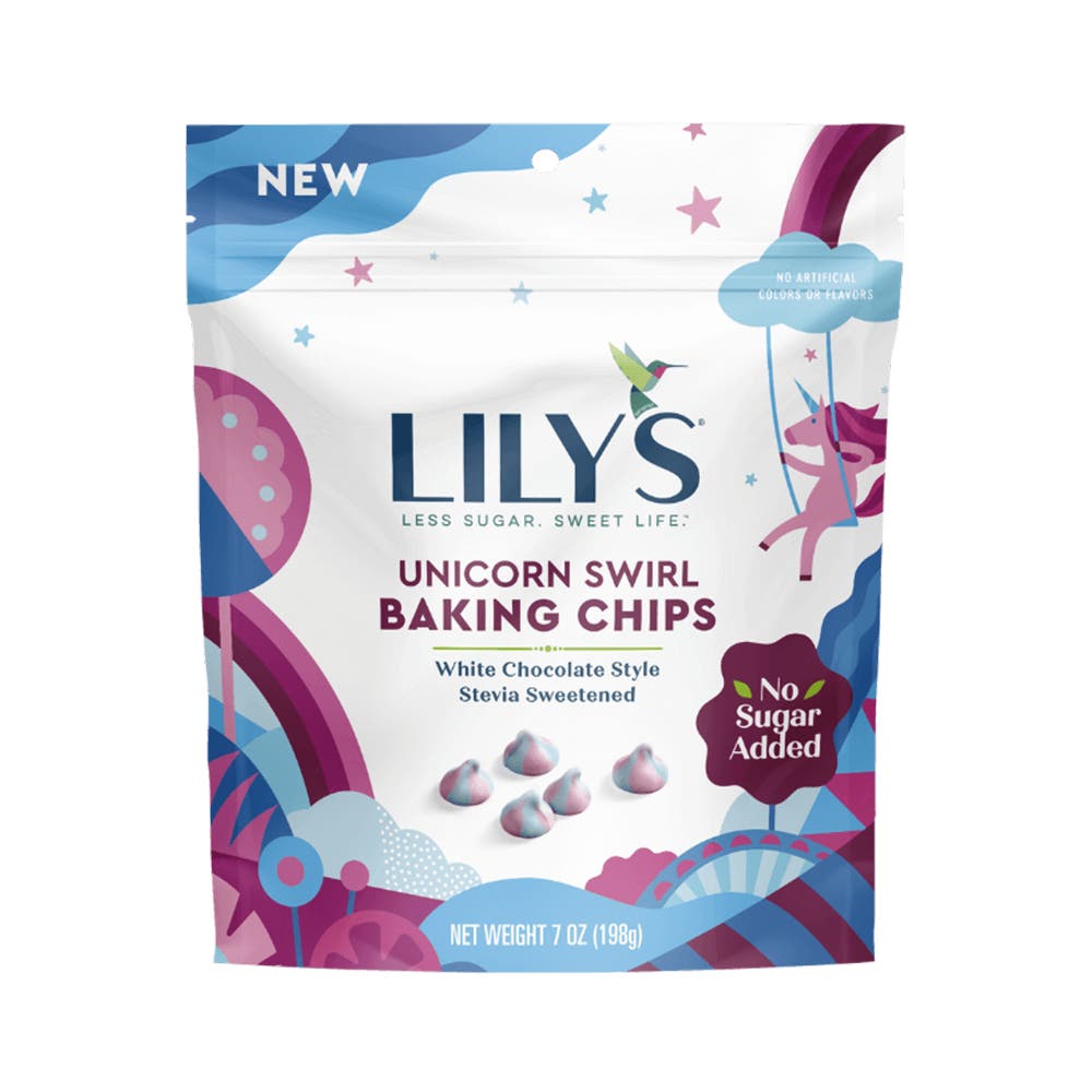 LILY'S Unicorn Swirl White Chocolate Style Baking Chips, 7 oz bag - Front of Package