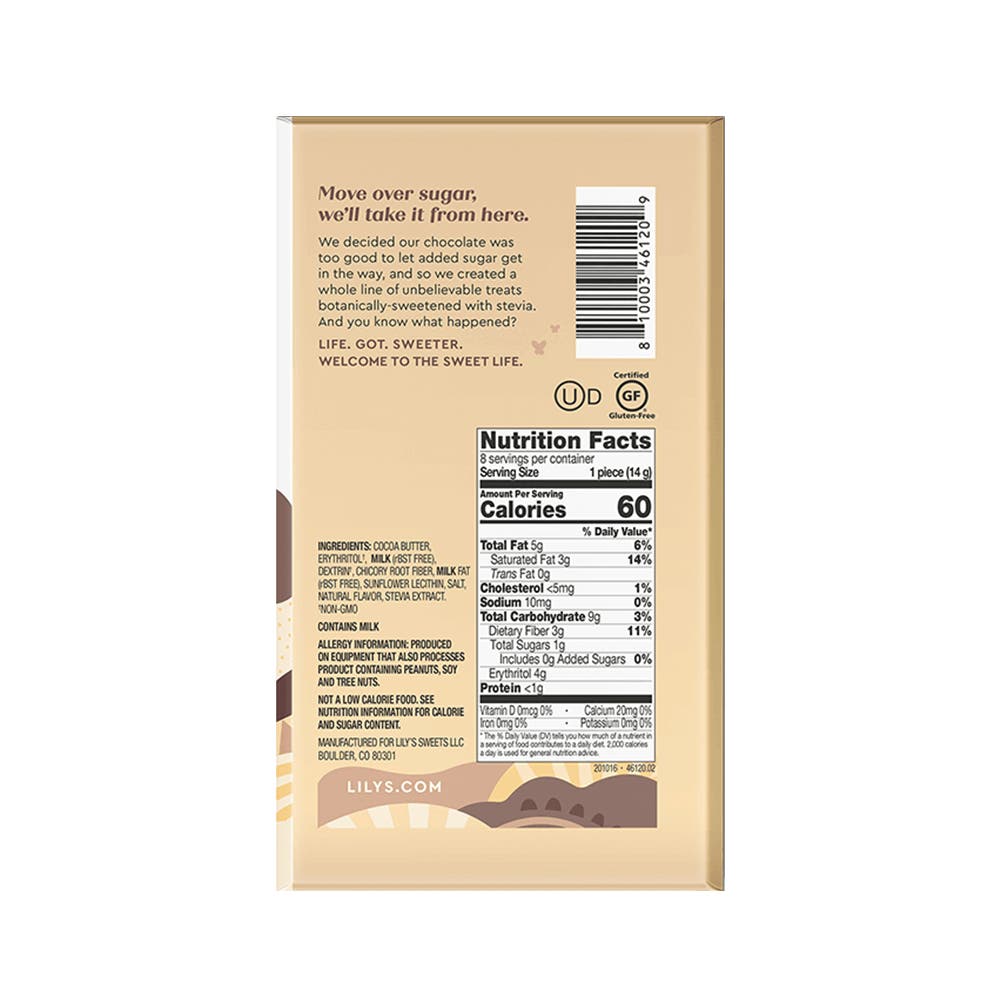 LILY'S White Chocolate Style Baking Bar, 4 oz - Back of Package