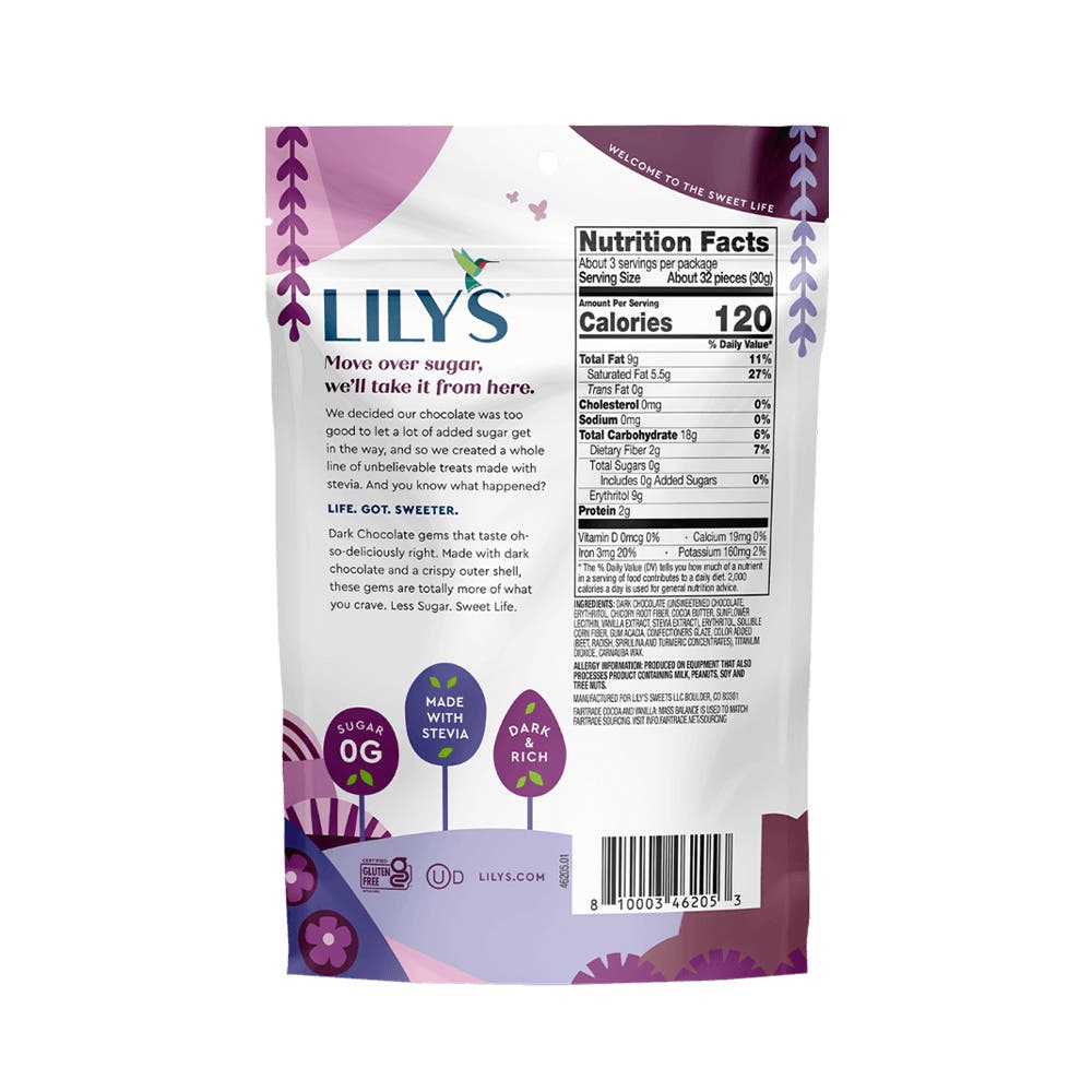 LILY'S Dark Chocolate Style Candy Coated Pieces, 3.5 oz bag - Back of Package