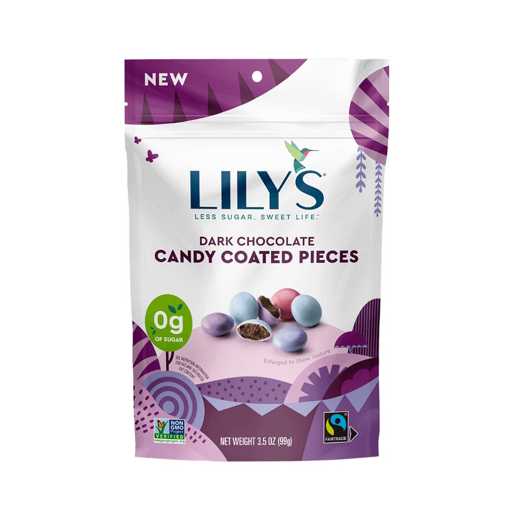 LILY'S Dark Chocolate Style Candy Coated Pieces, 3.5 oz bag - Front of Package