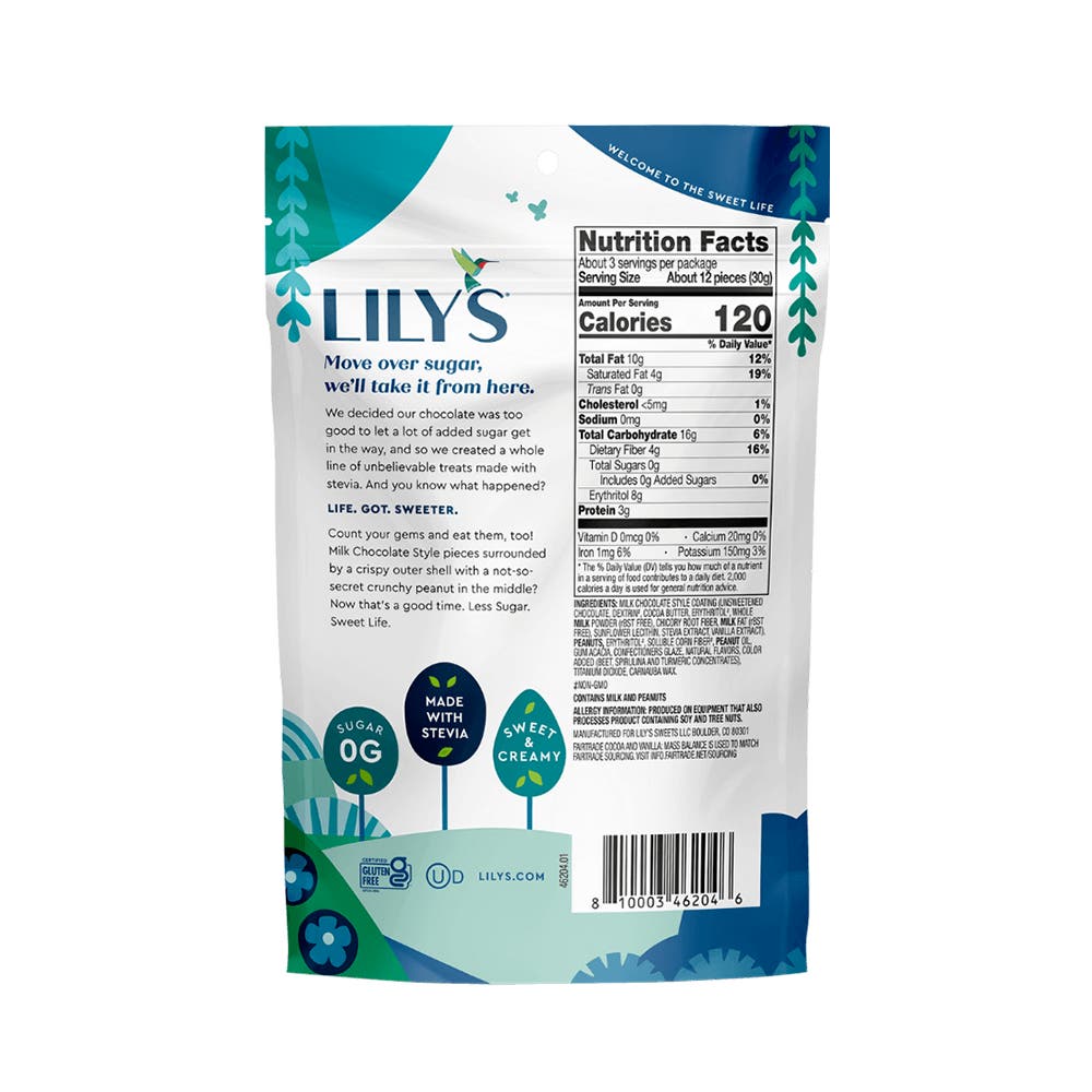 LILY'S Milk Chocolate Style Peanut Candy Coated Pieces, 3.5 oz bag - Back of Package