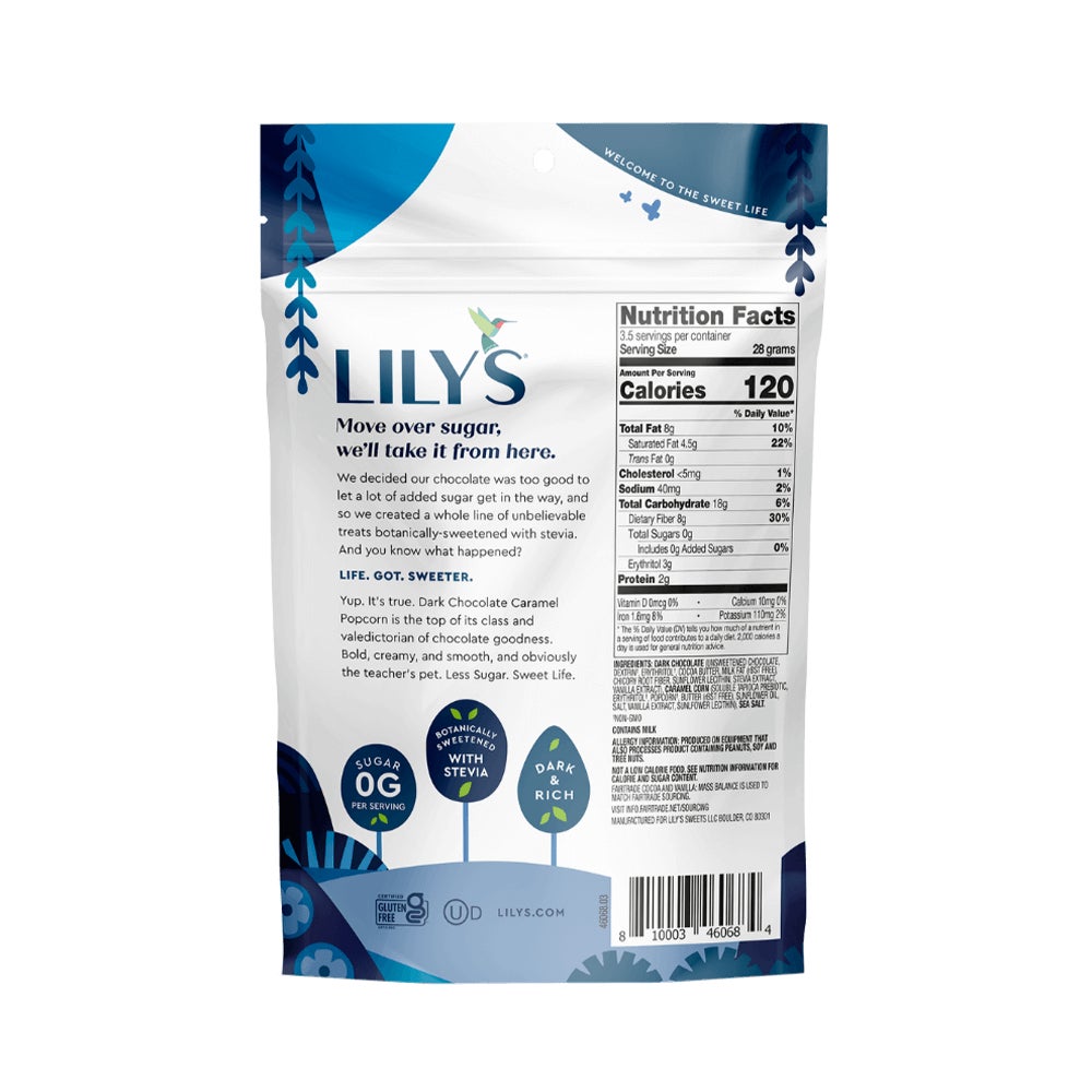 LILY'S Dark Chocolate Style Caramel Popcorn, 3.5 oz bag - Back of Package