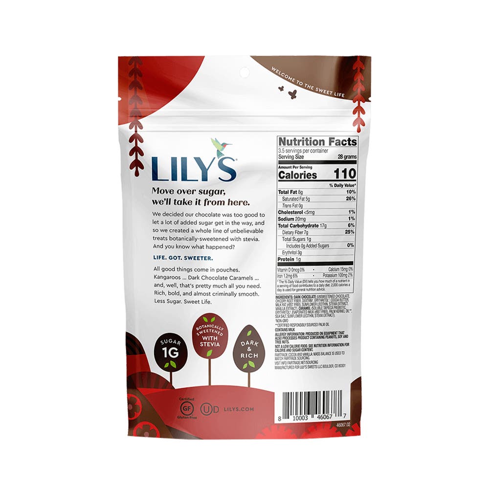 LILY'S Dark Chocolate Style Covered Caramels, 3.5 oz bag - Back of Package