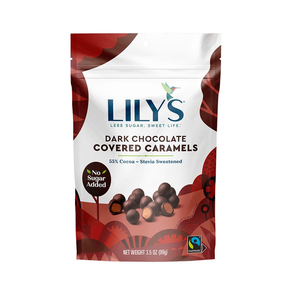 LILY'S Dark Chocolate Style Covered Caramels, 3.5 oz bag - Front of Package