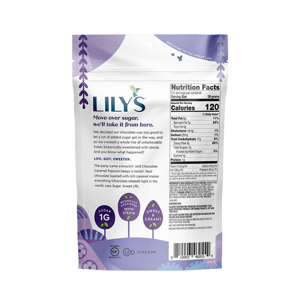 LILY'S Milk Chocolate Style Caramel Popcorn, 3.5 oz bag - Back of Package