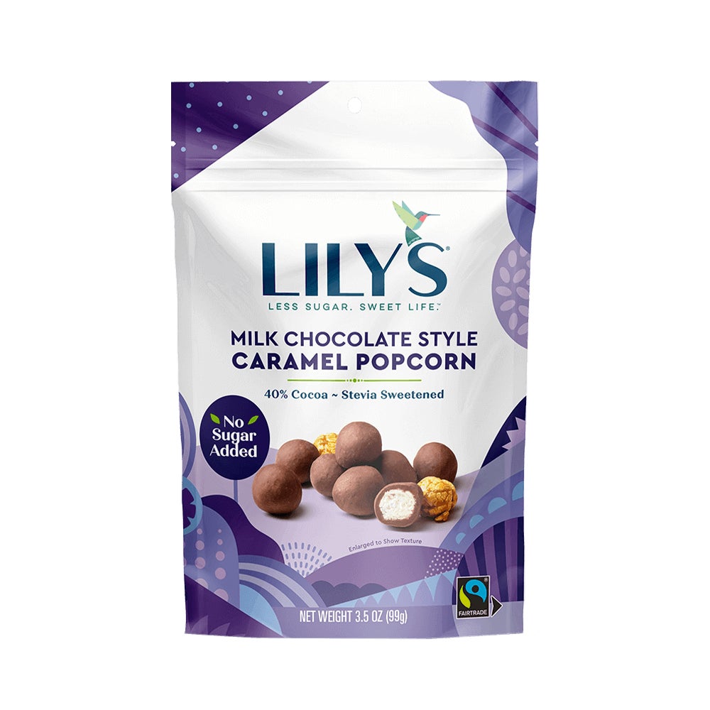 LILY'S Milk Chocolate Style Caramel Popcorn, 3.5 oz bag - Front of Package