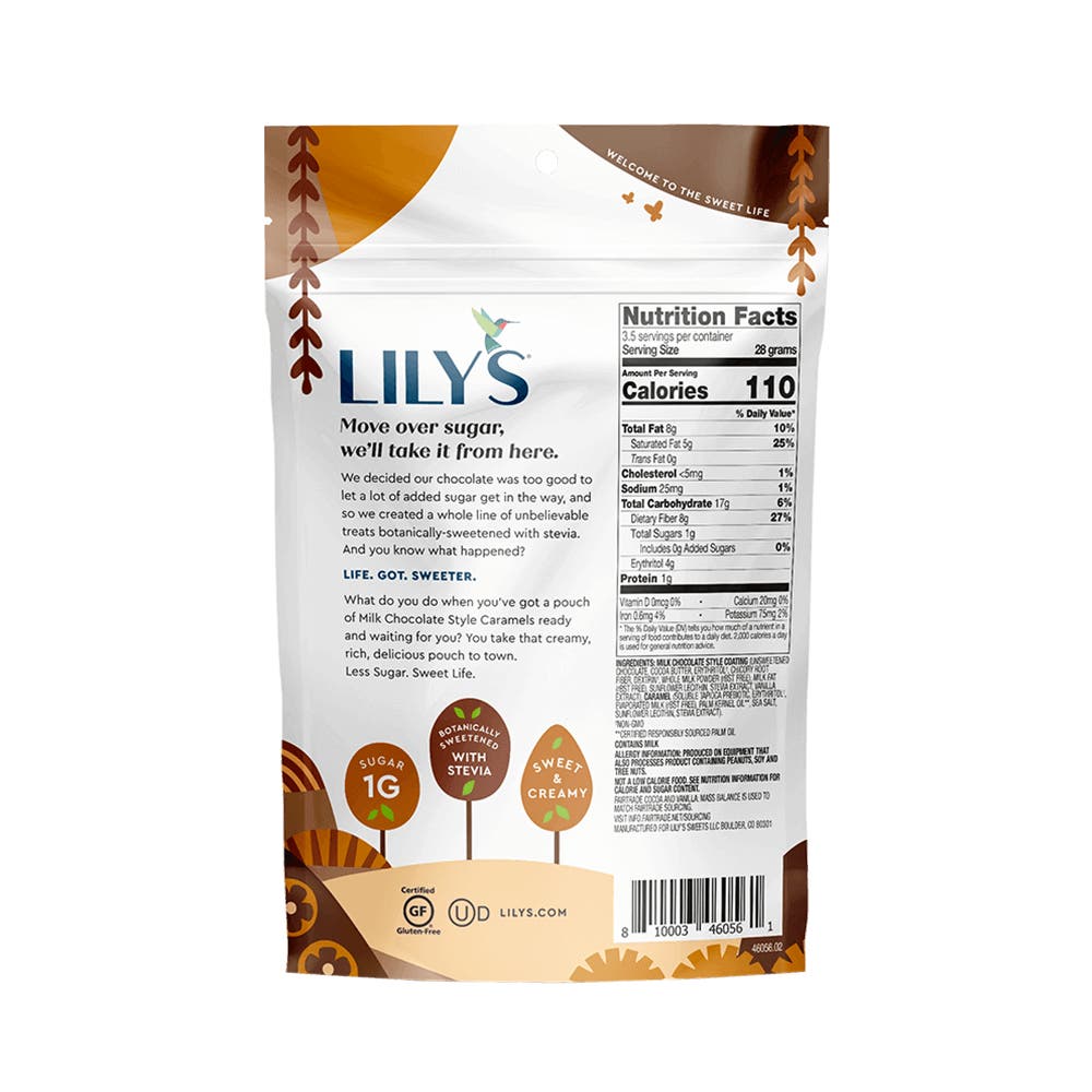 LILY'S Milk Chocolate Style Covered Caramels, 3.5 oz bag - Back of Package