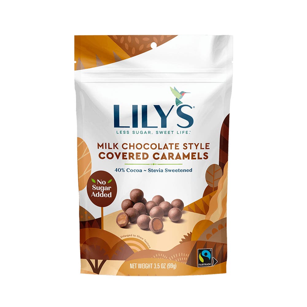 LILY'S Milk Chocolate Style Covered Caramels, 3.5 oz bag - Front of Package