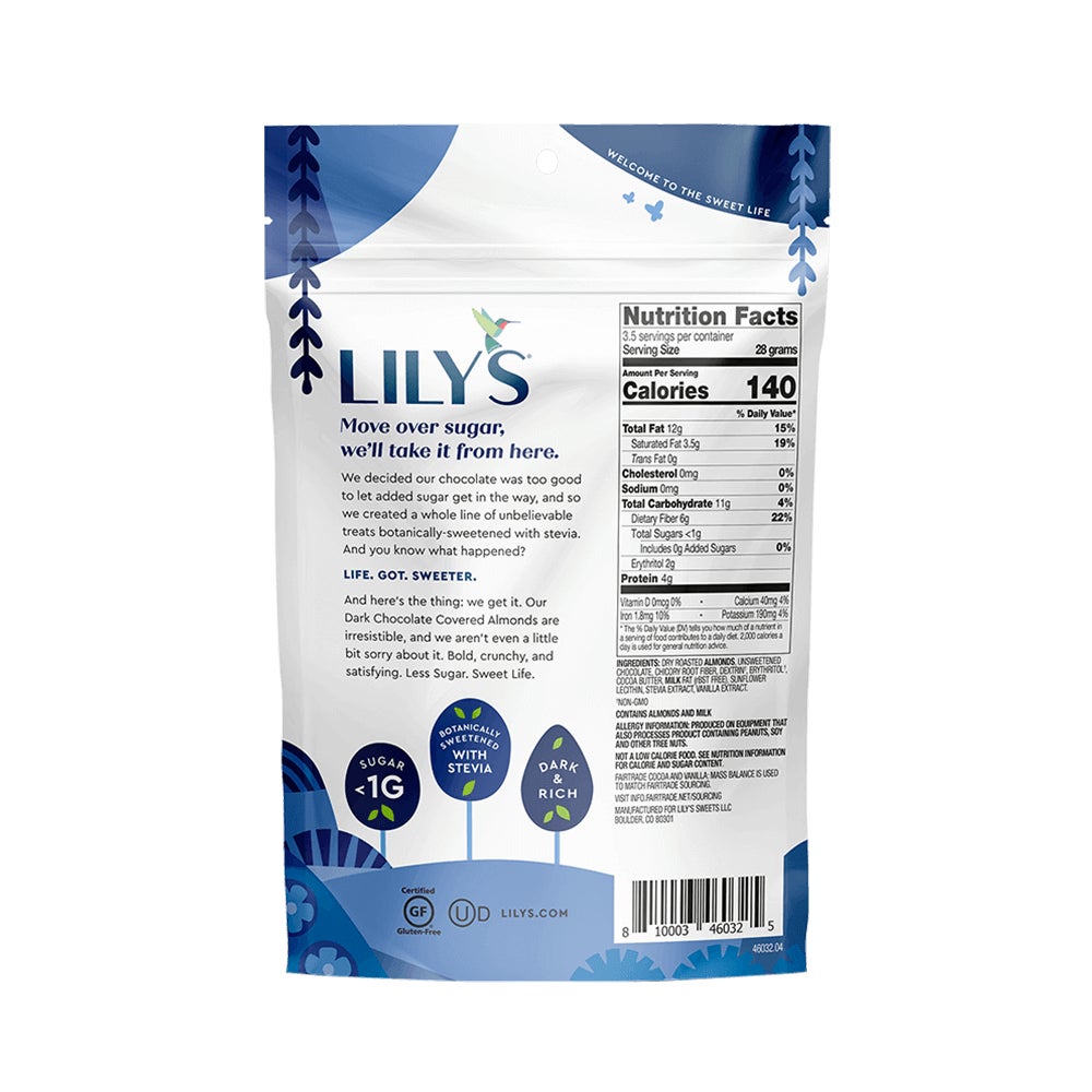 LILY'S Dark Chocolate Style Covered Almonds, 3.5 oz bag - Back of Package