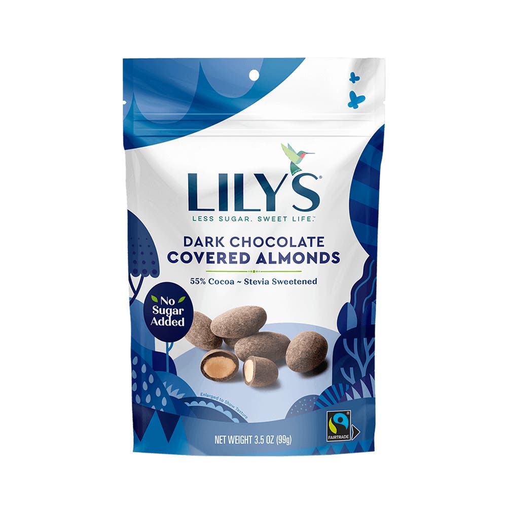 LILY'S Dark Chocolate Style Covered Almonds, 3.5 oz bag - Front of Package
