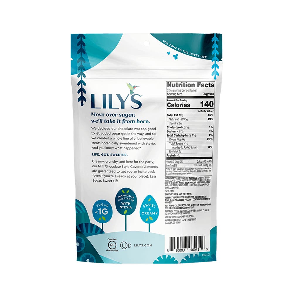 LILY'S Milk Chocolate Style Covered Almonds, 3.5 oz bag - Back of Package