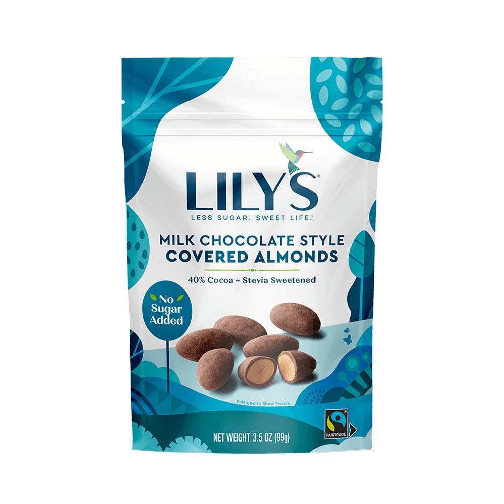 LILY'S Milk Chocolate Style Covered Almonds, 3.5 oz bag - Front of Package