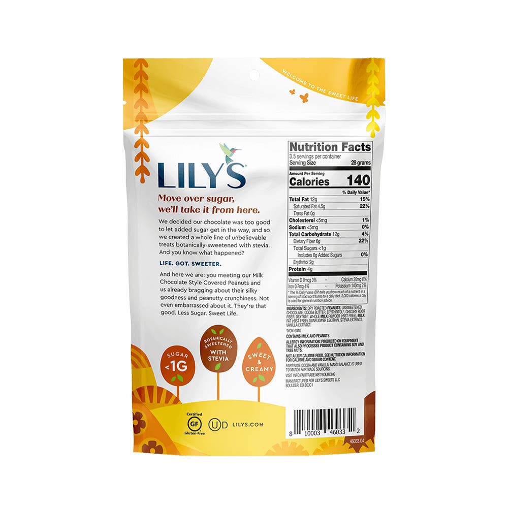LILY'S Milk Chocolate Style Covered Peanuts, 3.5 oz bag - Back of Package