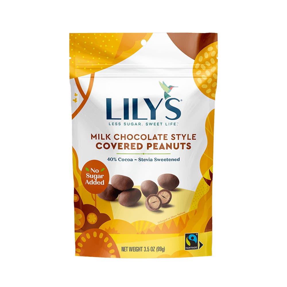 LILY'S Milk Chocolate Style Covered Peanuts, 3.5 oz bag - Front of Package