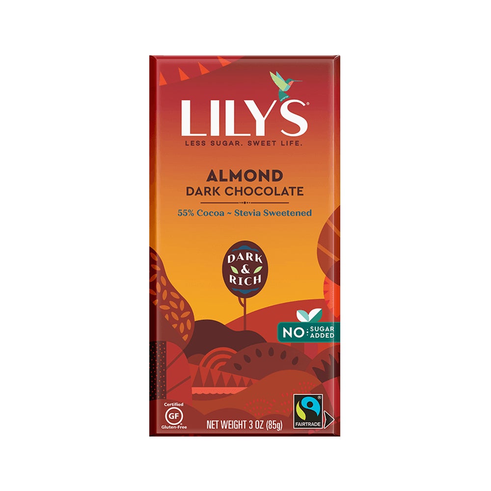 LILY'S Almond Dark Chocolate Style Bar, 3 oz - Front of Package