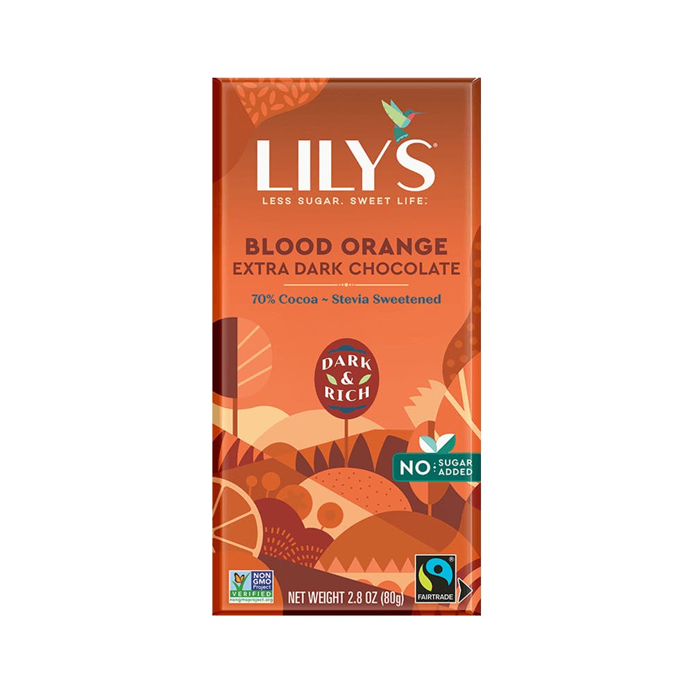 LILY'S Blood Orange Extra Dark Chocolate Style Bar, 2.8 oz - Front of Package