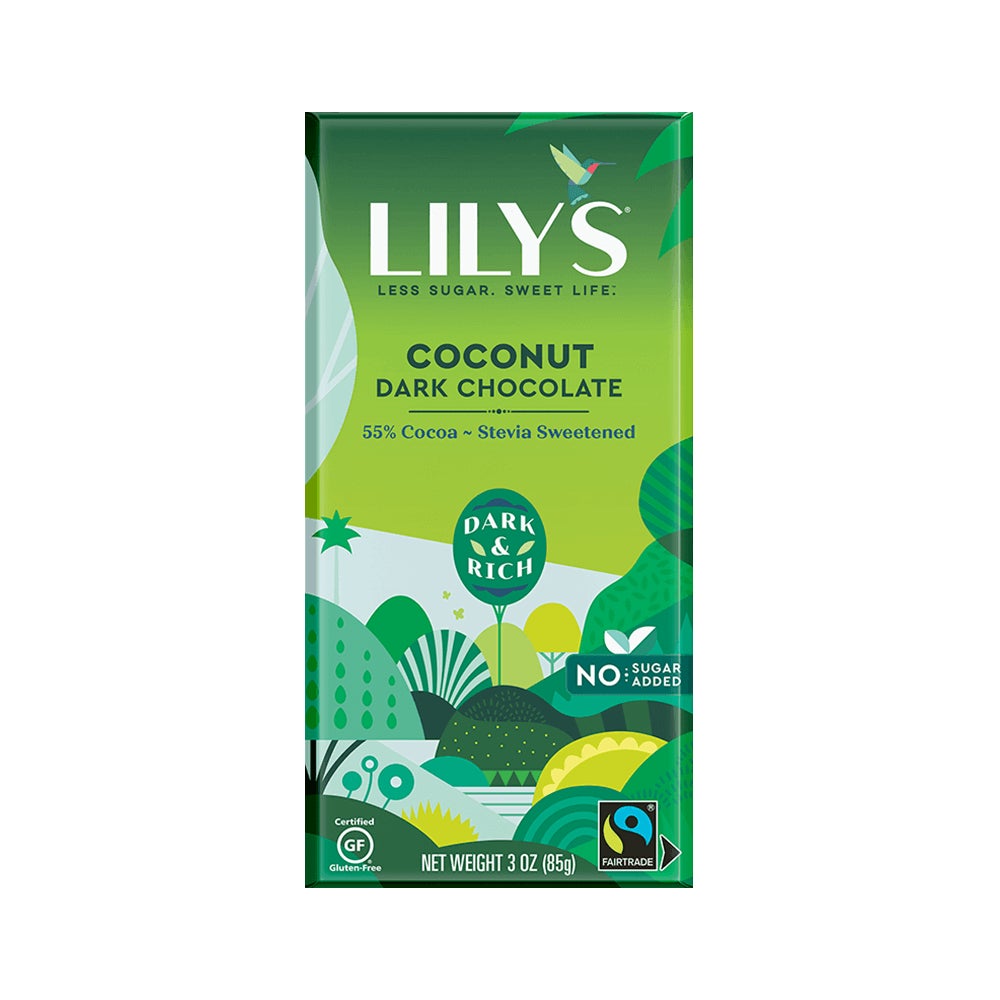 LILY'S Coconut Dark Chocolate Style Bar, 3 oz - Front of Package