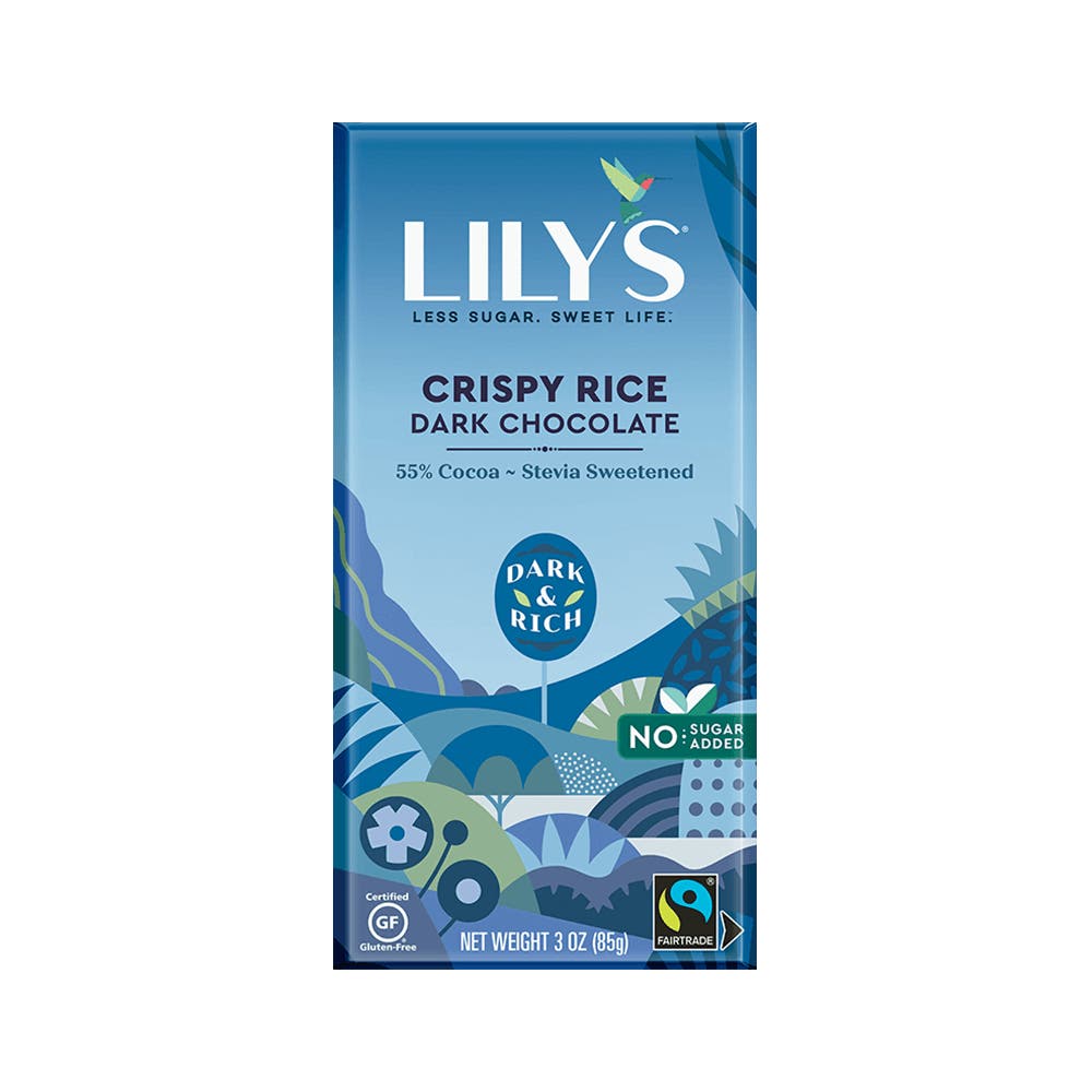 LILY'S Crispy Rice Dark Chocolate Style Bar, 3 oz - Front of Package