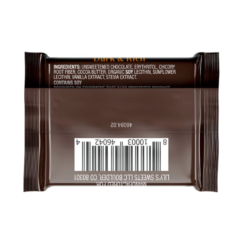 LILY'S Extra Dark Chocolate Style Tasting Squares, 0.35 oz - Back of Package