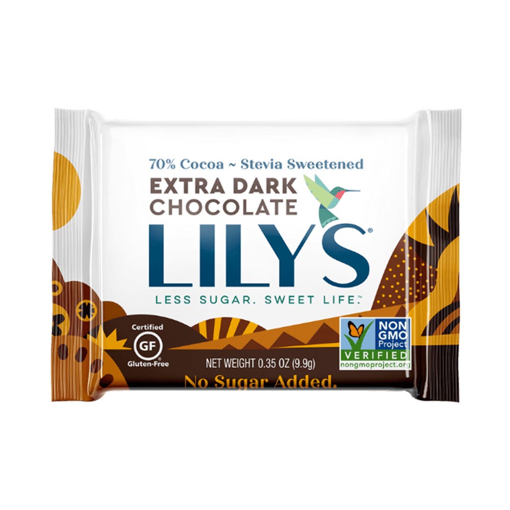 LILY'S Extra Dark Chocolate Style Tasting Squares, 0.35 oz - Front of Package