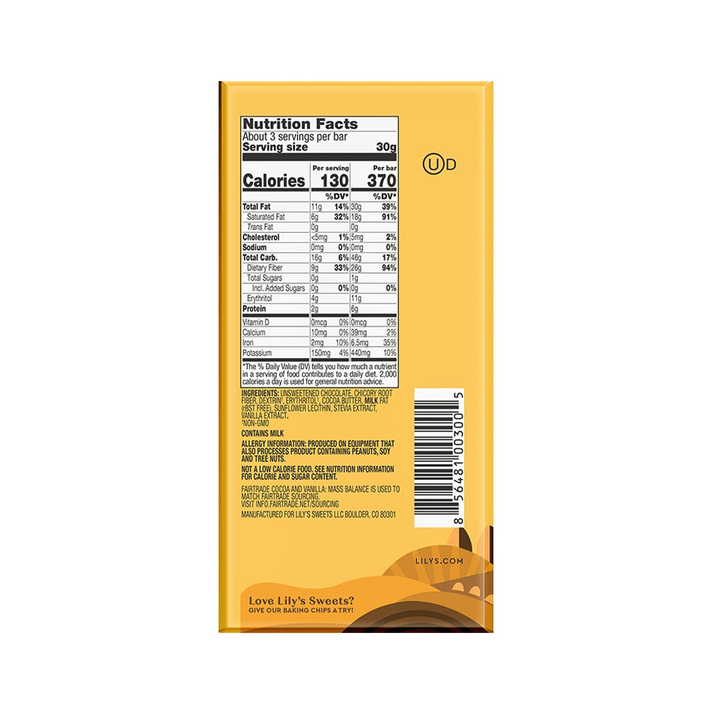 LILY'S Original Dark Chocolate Bar, 3 oz - Back of Package