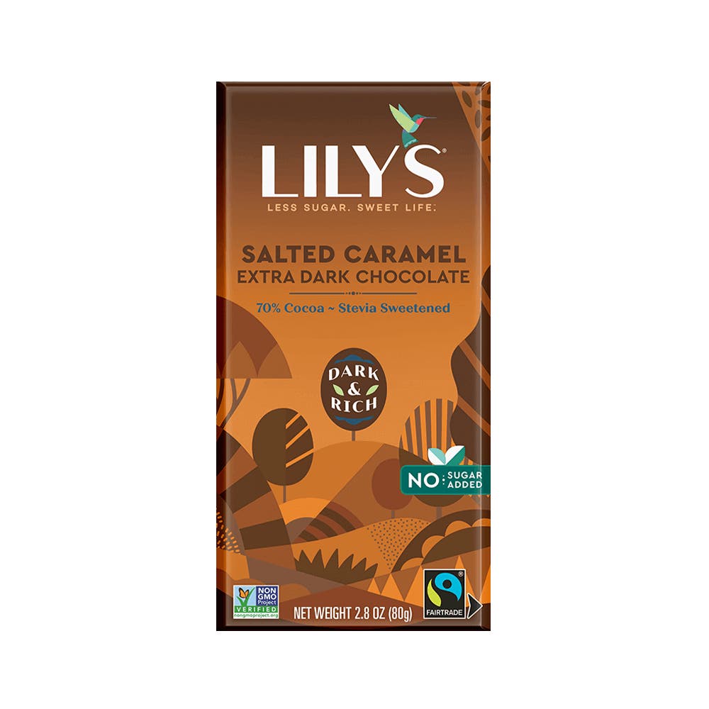 LILY'S Salted Caramel Extra Dark Chocolate Style Bar, 2.8 oz - Front of Package