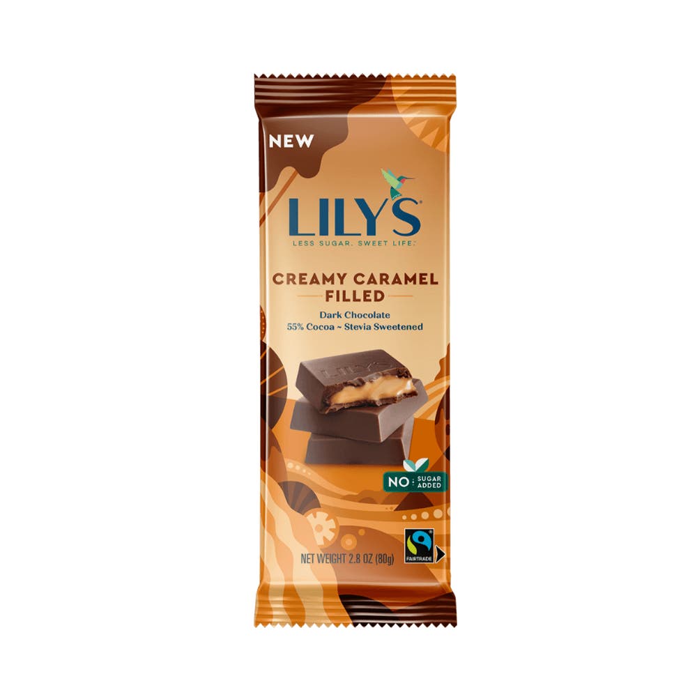 LILY'S Creamy Caramel Filled Dark Chocolate Style Bar, 2.8 oz - Front of Package
