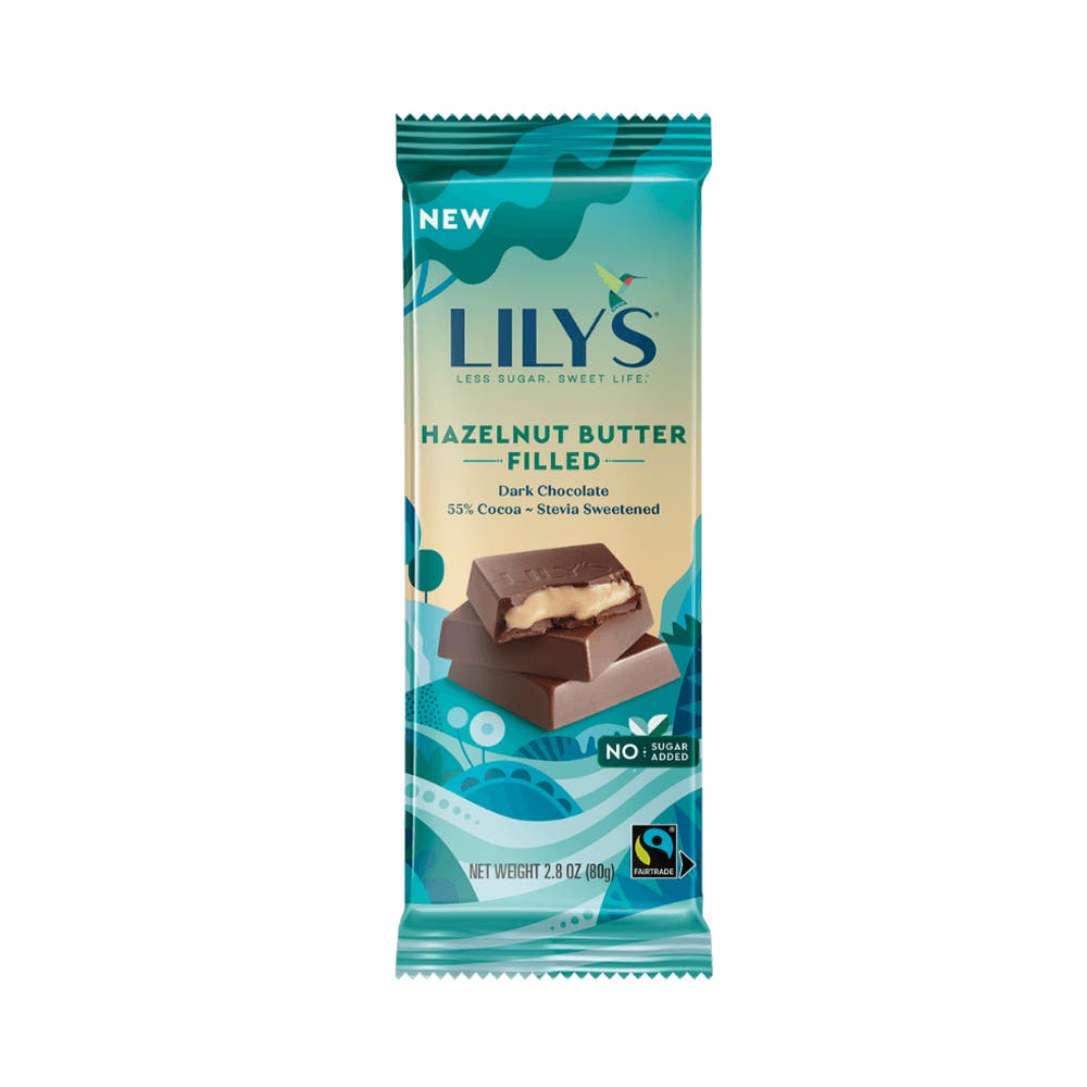 LILY'S Hazelnut Butter Filled Dark Chocolate Style Bar, 2.8 oz - Front of Package