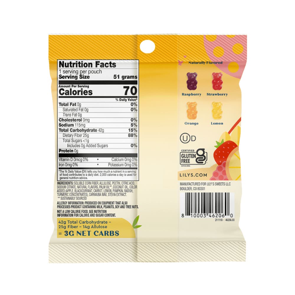 LILY'S Gummy Bears, 1.8 oz bag - Back of Package