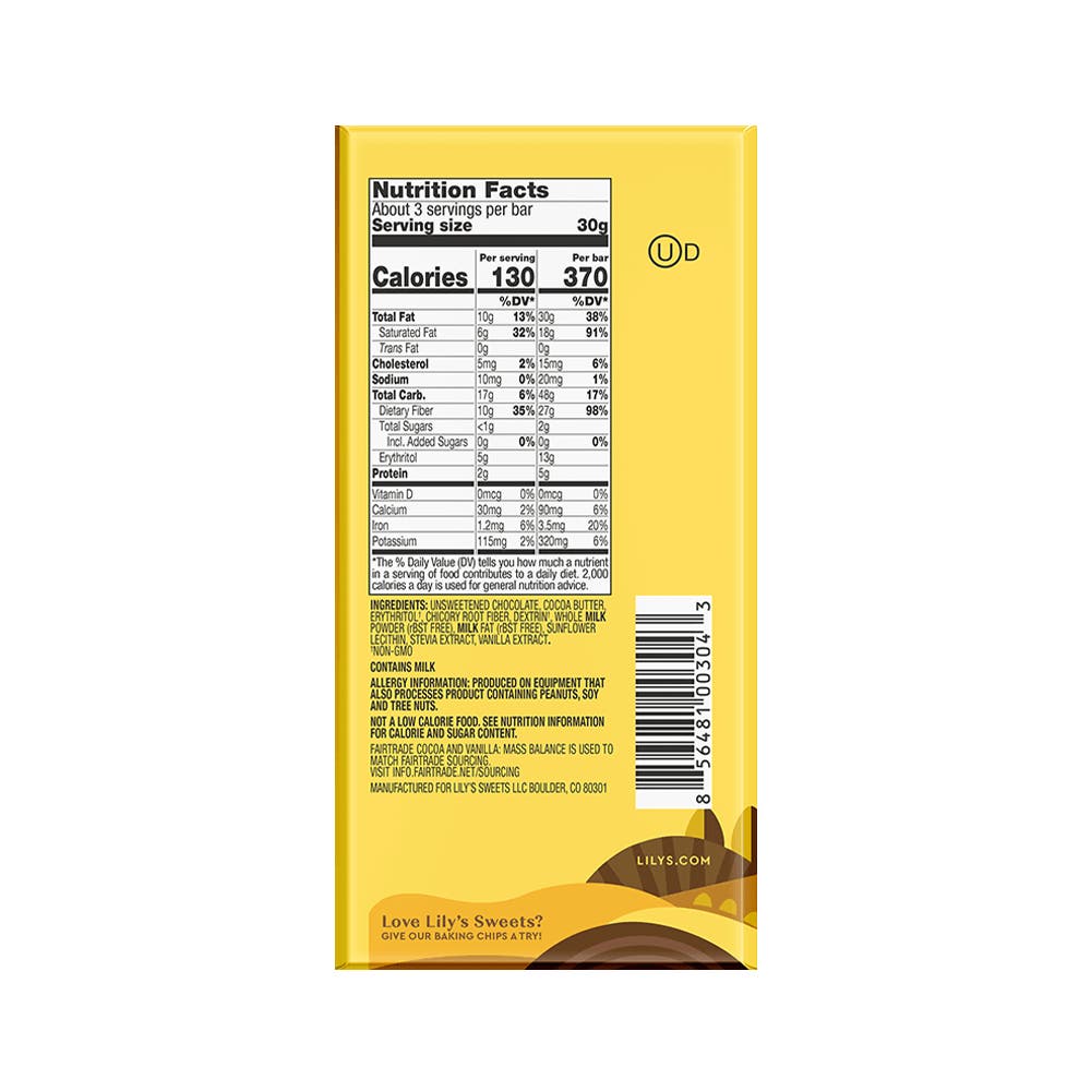 LILY'S Creamy Milk Chocolate Style Bar, 3 oz - Back of Package