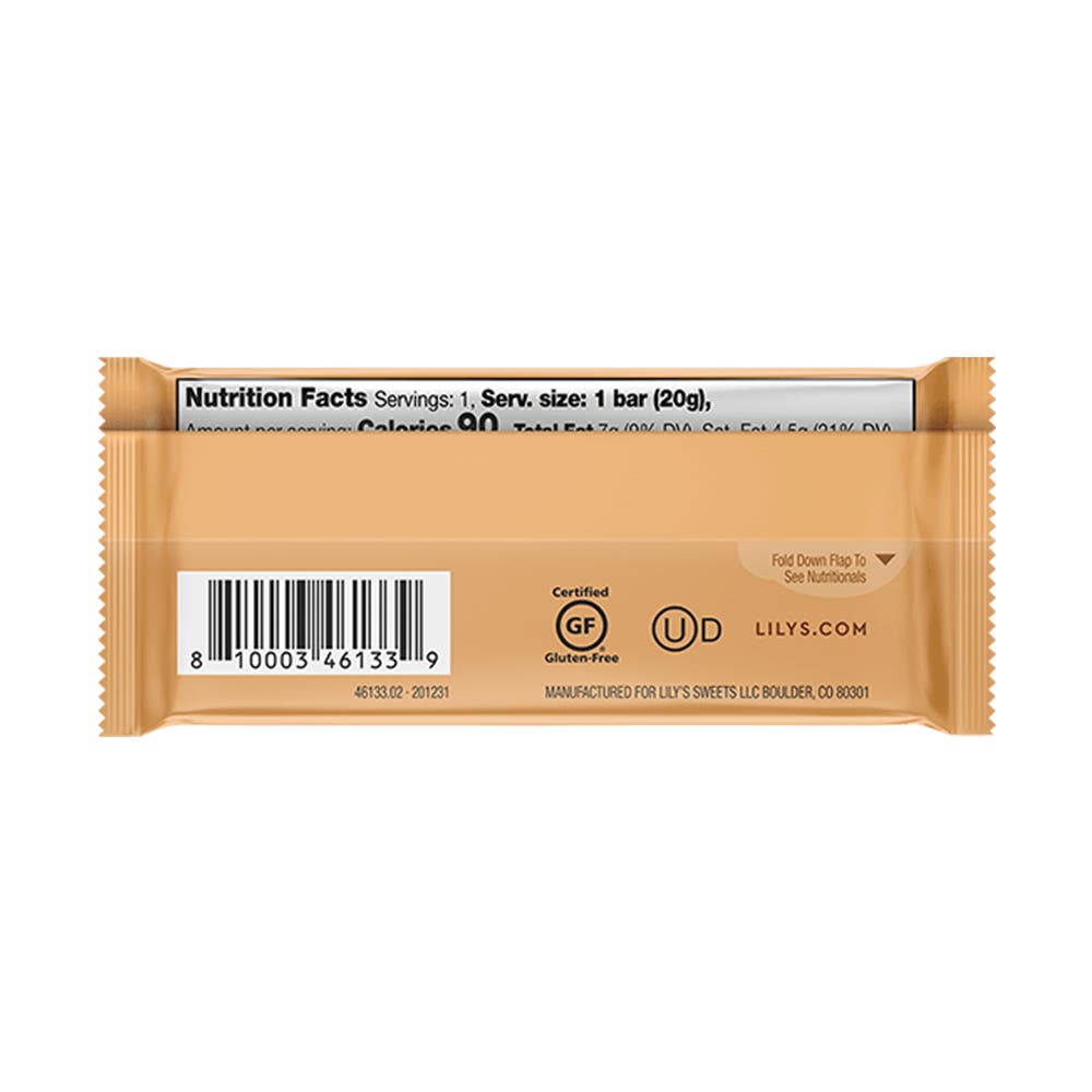 LILY'S Salted Caramel Milk Chocolate Style Bar, 0.7 oz - Back of Package