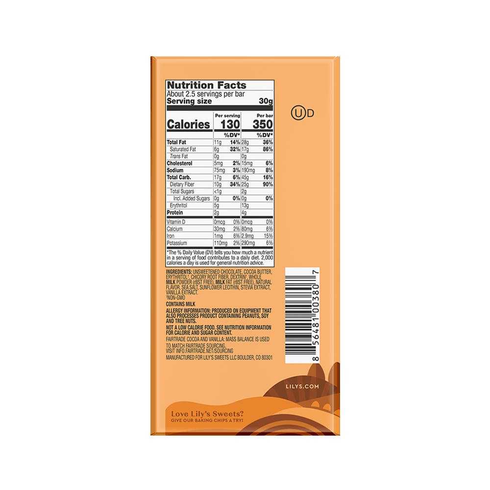 LILY'S Salted Caramel Milk Chocolate Style Bar, 2.8 oz - Back of Package