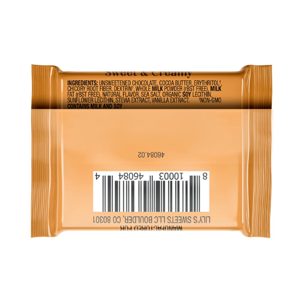 LILY'S Salted Caramel Milk Chocolate Style Tasting Squares, 0.35 oz - Back of Package